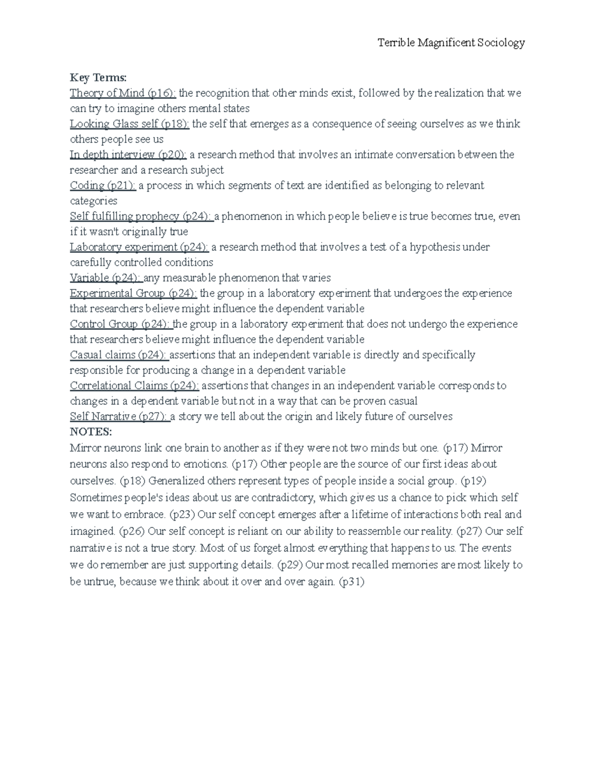 Sociology Chapter 1: The Self-Terrible Magnificent Key Terms and Notes ...