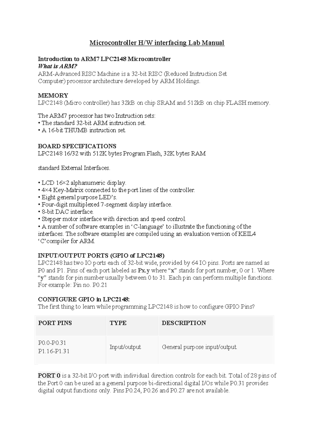 Microcontroller Lab Manual (Course Code: H/W) - LPC2148 Overview - Studocu
