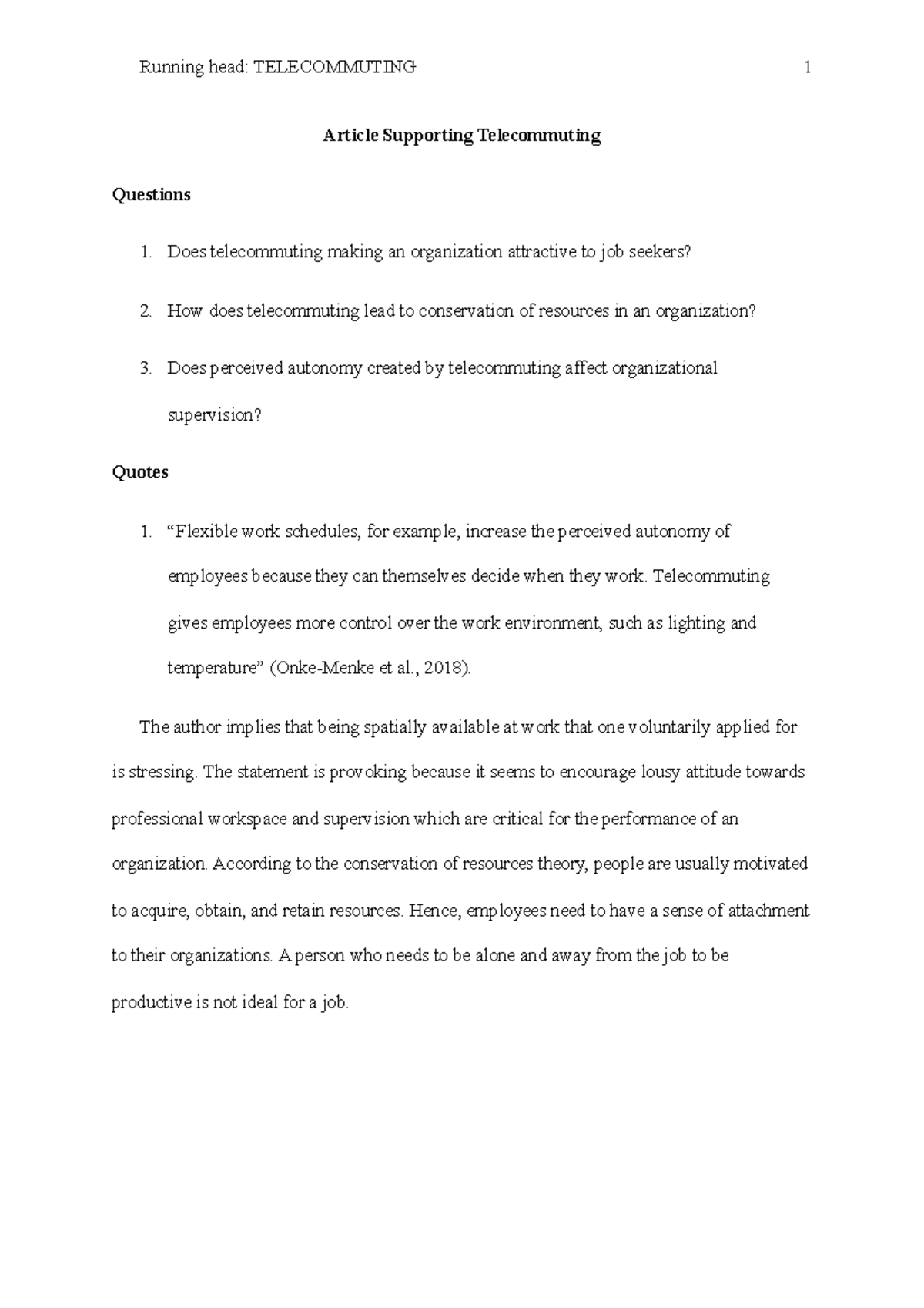 QQTP (Telecommuting) - Grade: A - Running head: TELECOMMUTING! 1 ...