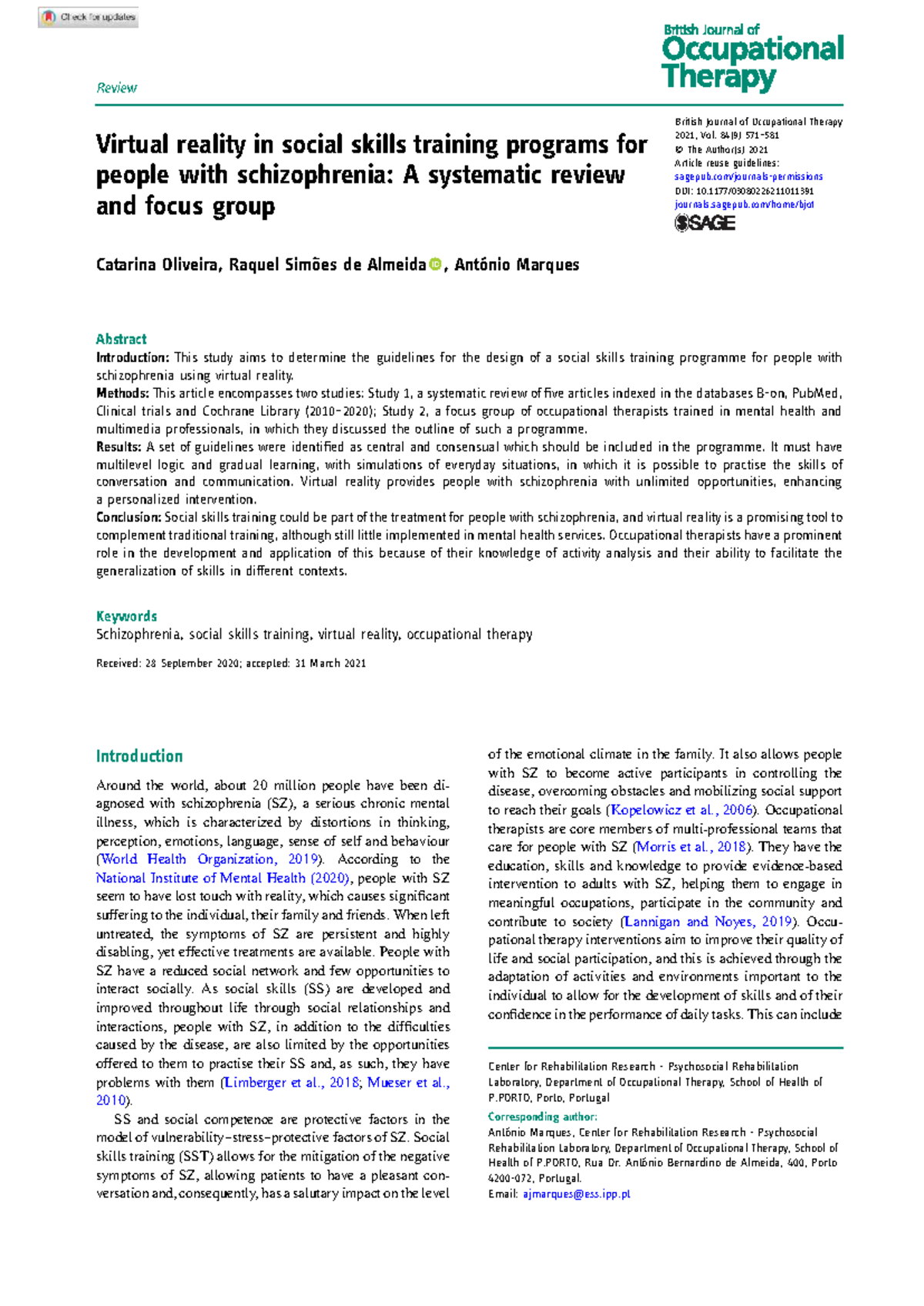 Virtual Reality in Social Skills Training for Schizophrenia: A ...