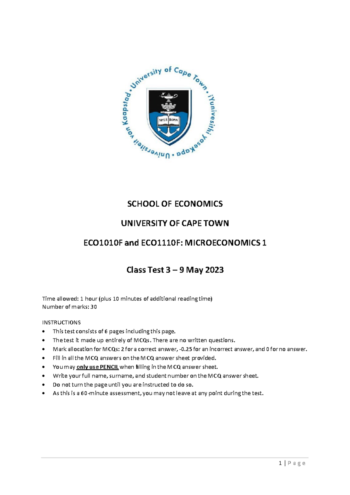 ECO1010F Microeconomics 1 Test 3 MCQ Answers - May 2023 - Studocu