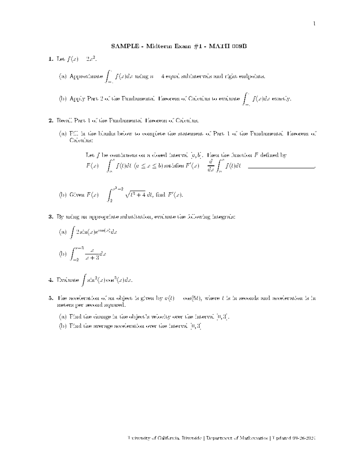Midterm Exam Solutions for MATH 009B - UCR - Studocu