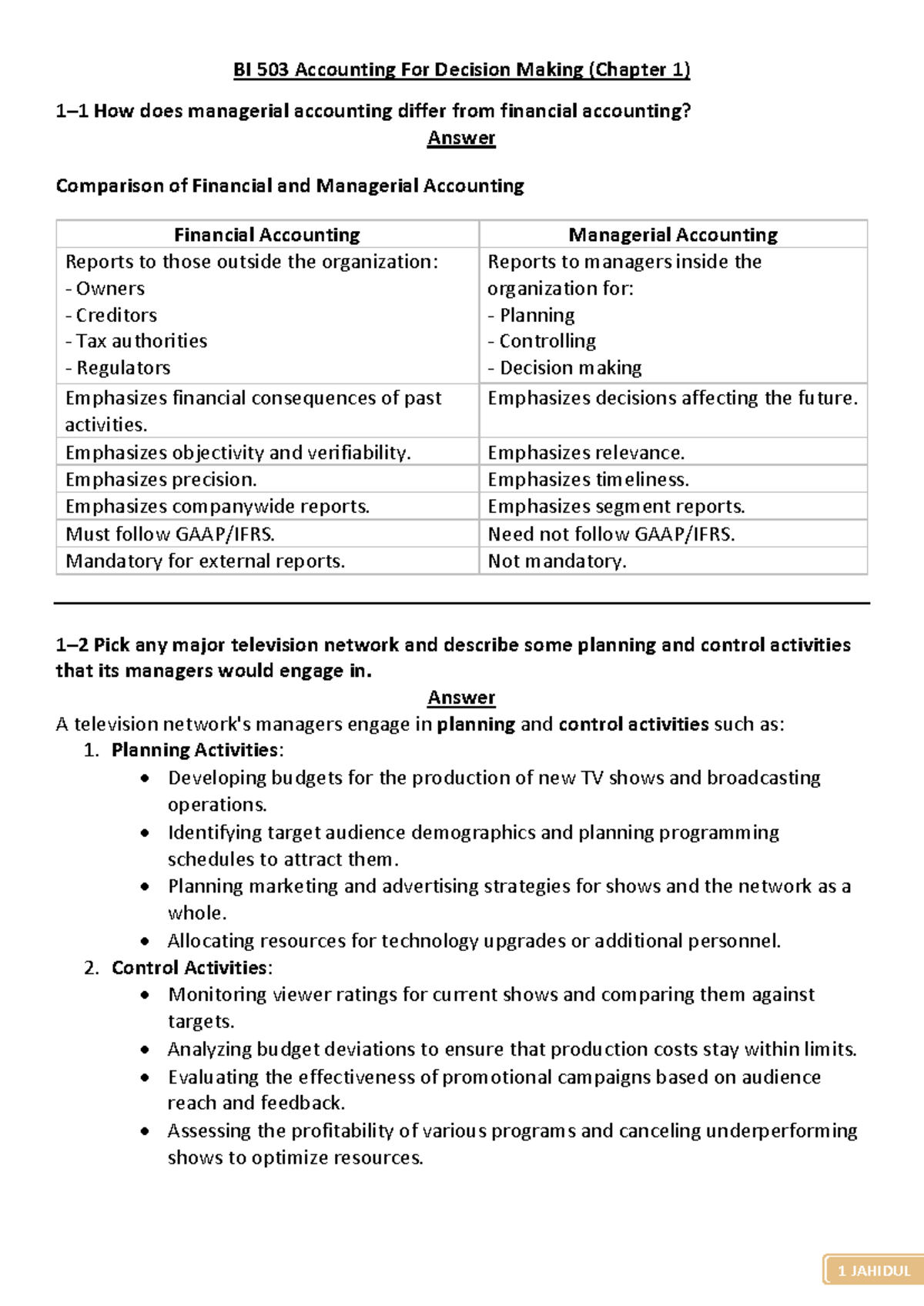 BI 503 Accounting For Decision Making Chapter 1 Note - Emphasizes ...