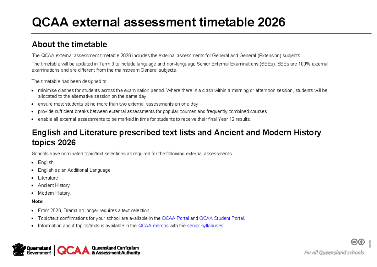 QCAA External Assessment Timetable for 2026 - Studocu