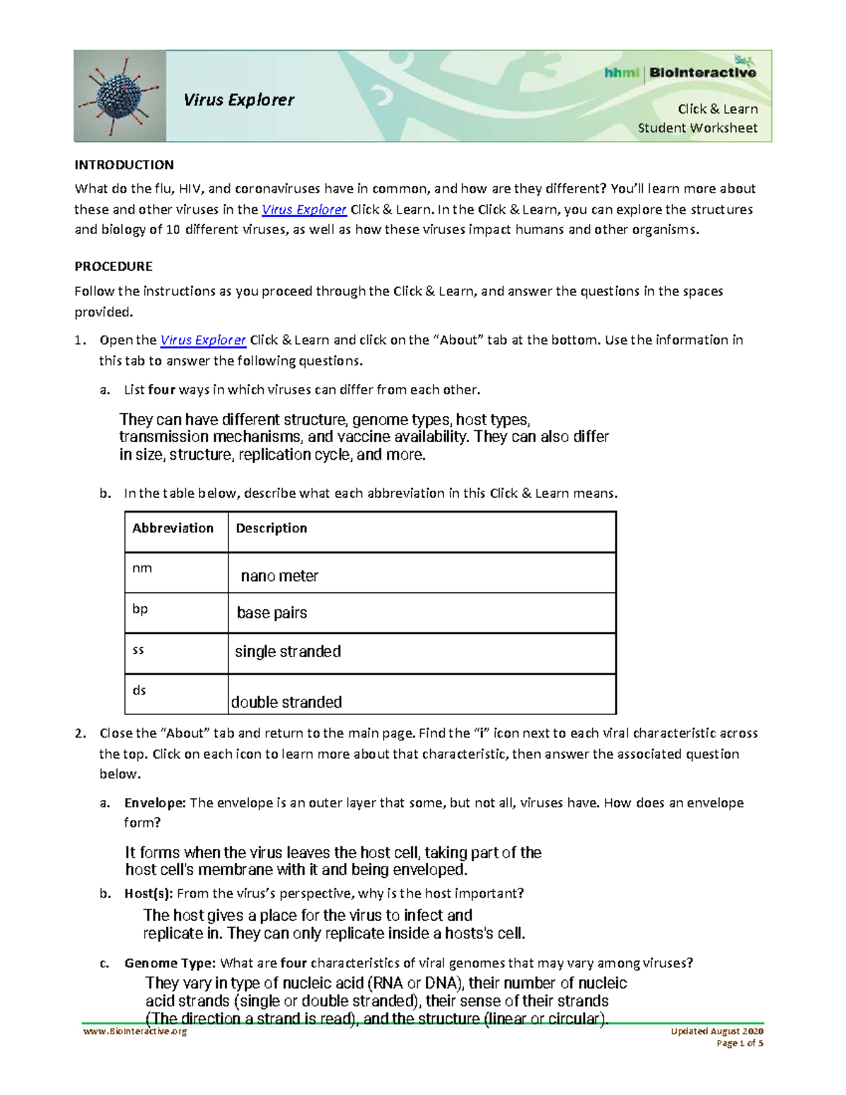 Virus Explorer Click Learn Student Worksheet: Understanding Viruses ...