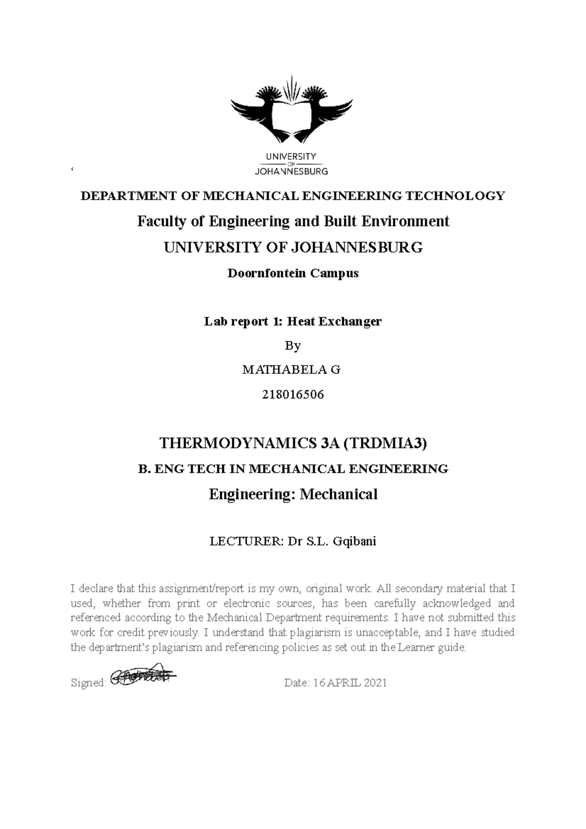 LAB Report on Heat Exchanger (Thermodynamics 3A - TRDMIA3) - Studocu