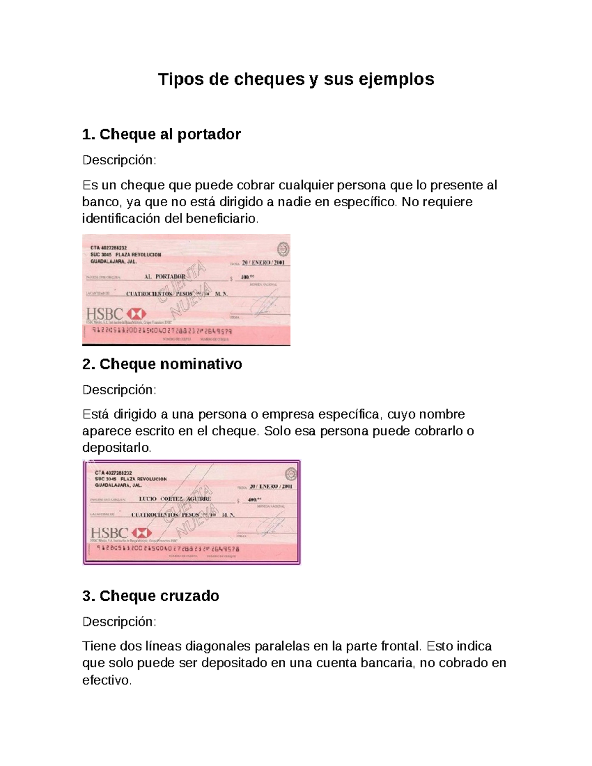 Tipos de Cheques y Ejemplos: Al Portador, Nominativo y Cruzado - Studocu