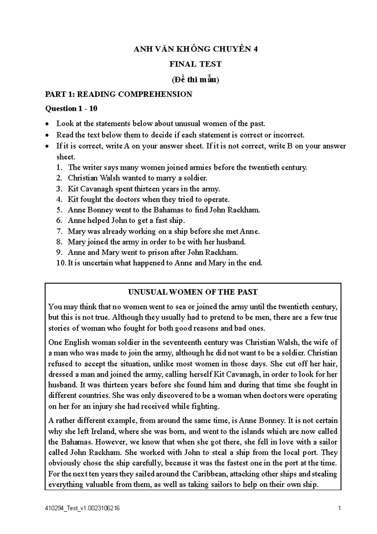 ANH VĂN KHÔNG CHUYÊN 4 FINAL TEST (Đề thi mẫu) - READING COMPREHENSION ...