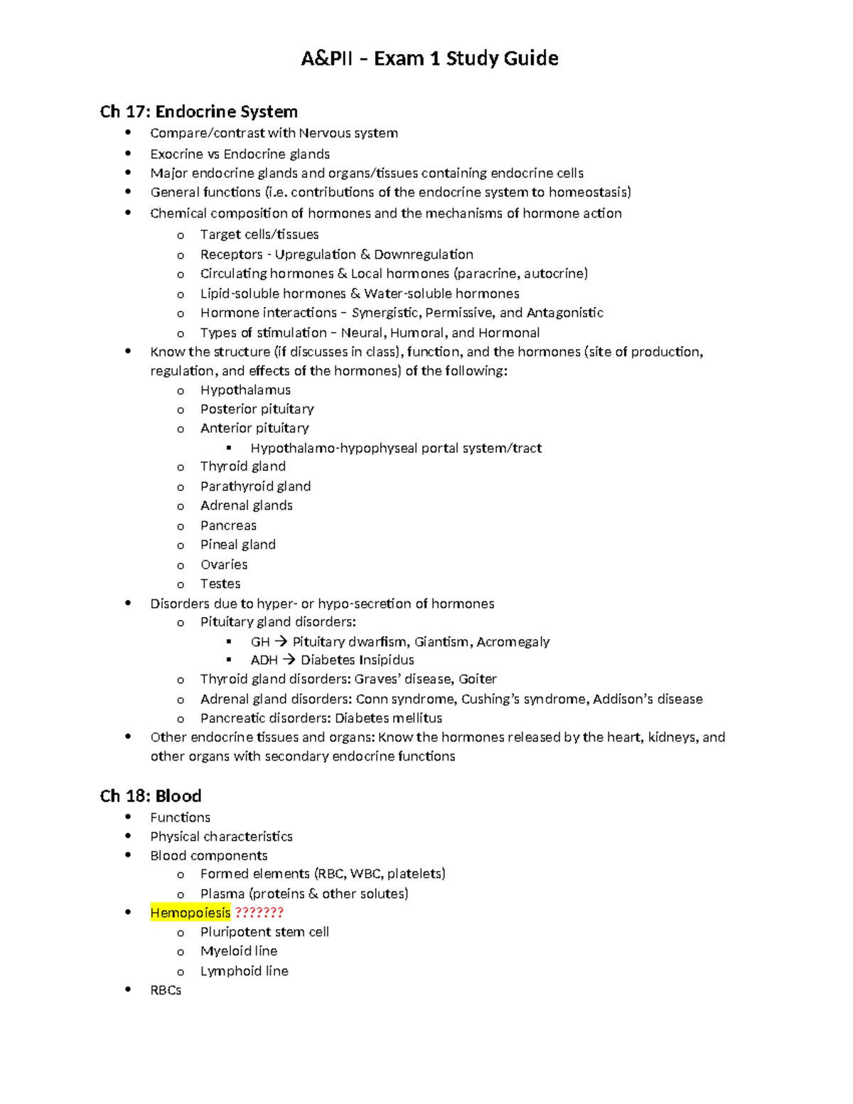 Study Guide Exam 1: A&P Ch 17-19 Endocrine, Blood & Heart Systems - Studocu