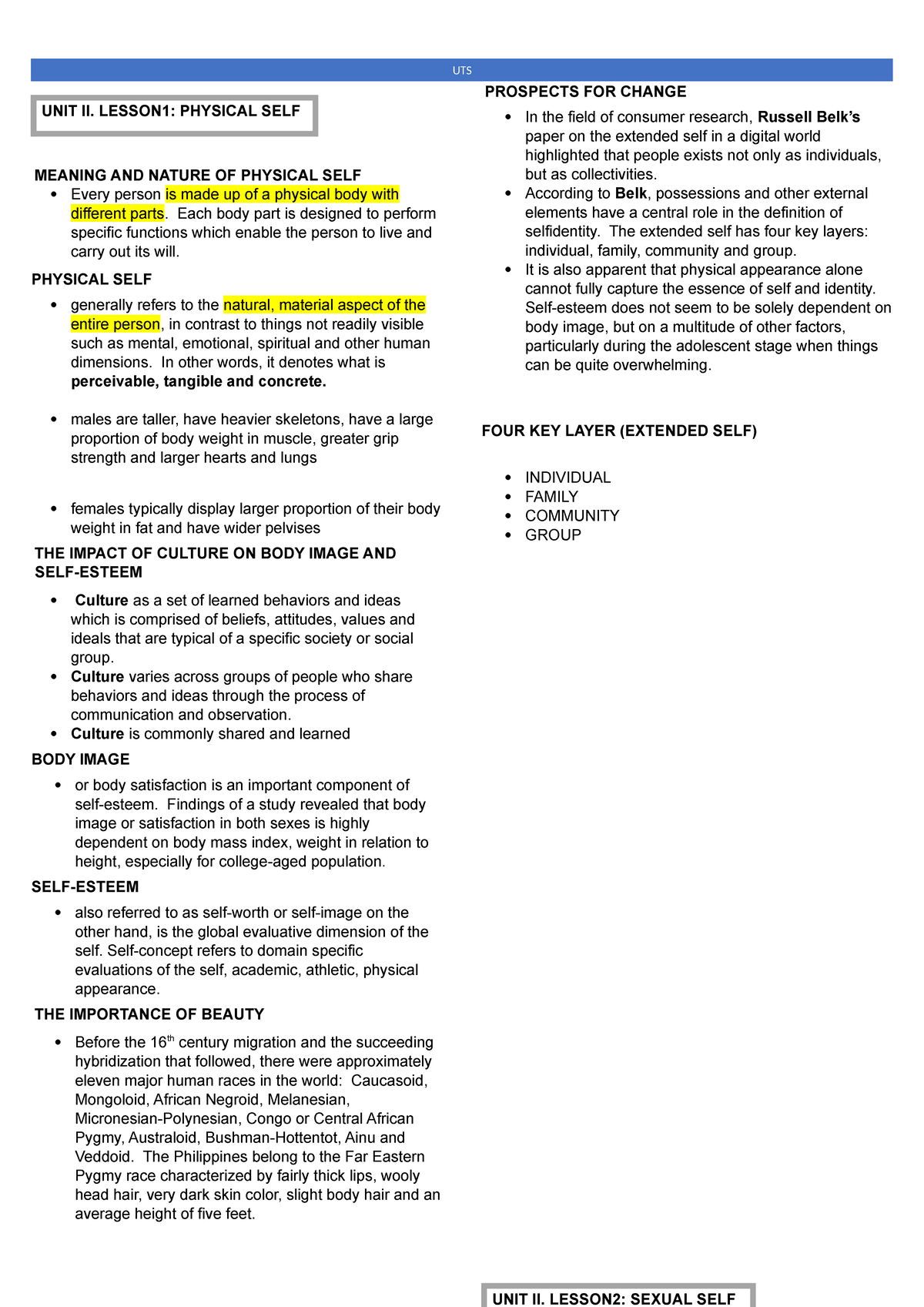 UTS UNIT II: LESSON 1 & 2 - PHYSICAL AND SEXUAL SELF EXPLORATION - Studocu