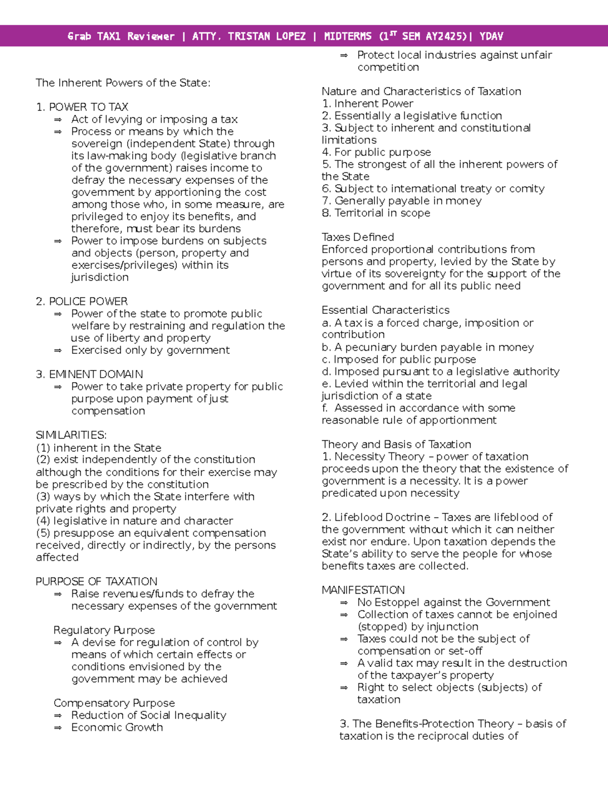 Grab TAX1 Midterm Reviewer: Inherent Powers of the State - Studocu