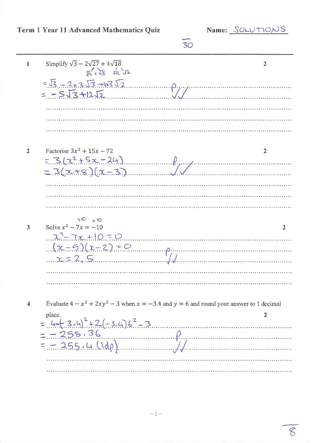Y11 Adv Math Term 1 Quiz Solutions and Answers - Studocu