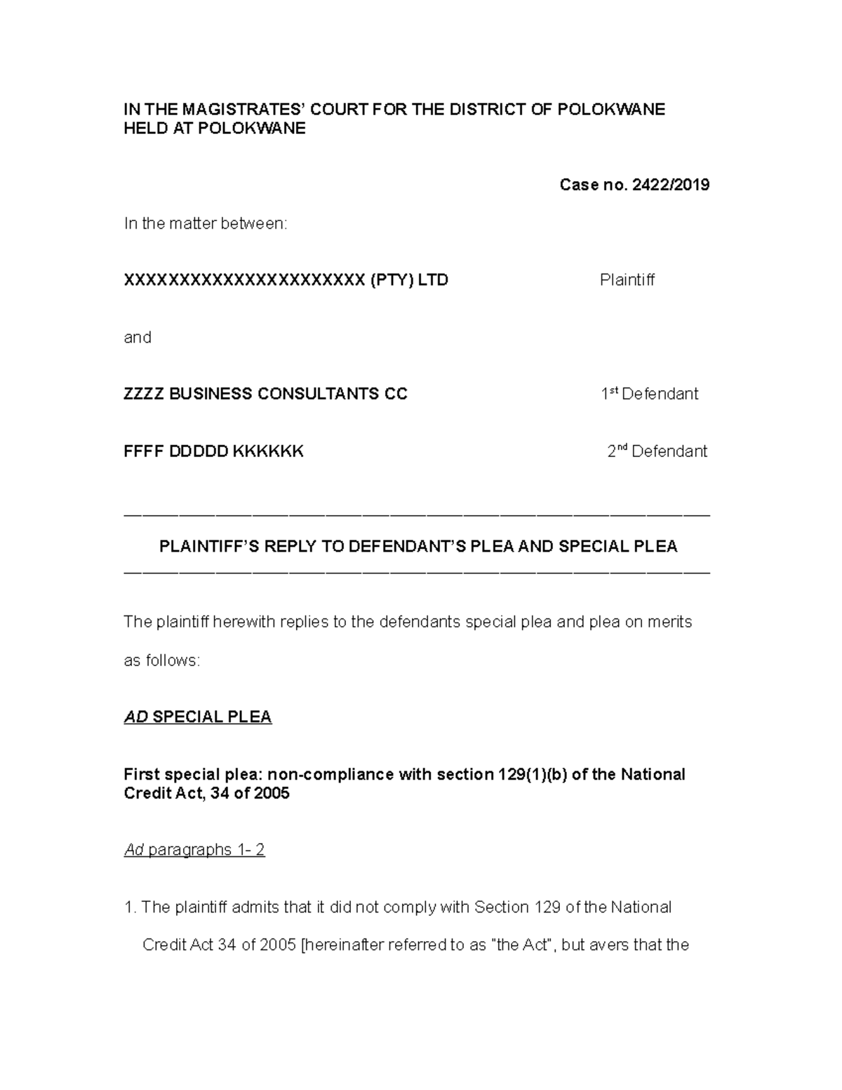 Civil Procedure: Reply to Special Plea and Merits in Case 2422 - Studocu