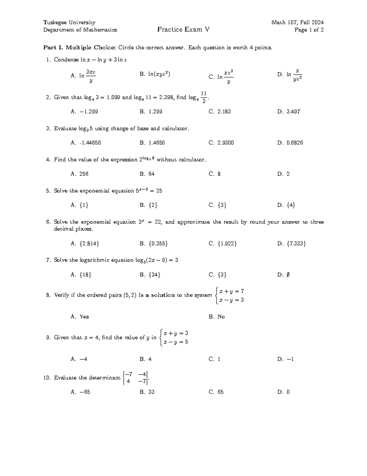 Math 107 Practice Exam V - Fall 2024 - Tuskegee University - Tuskegee ...