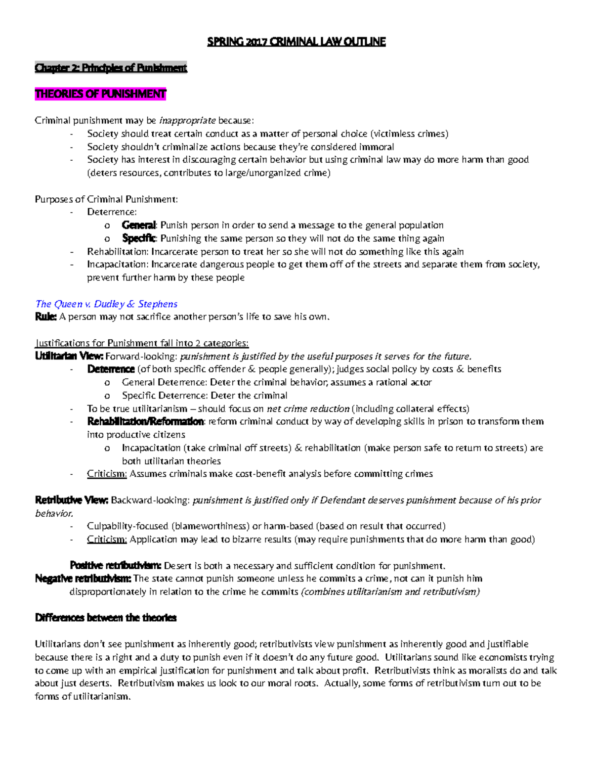 CRIM 101: Criminal Law Outline & Theories of Punishment Overview - Studocu
