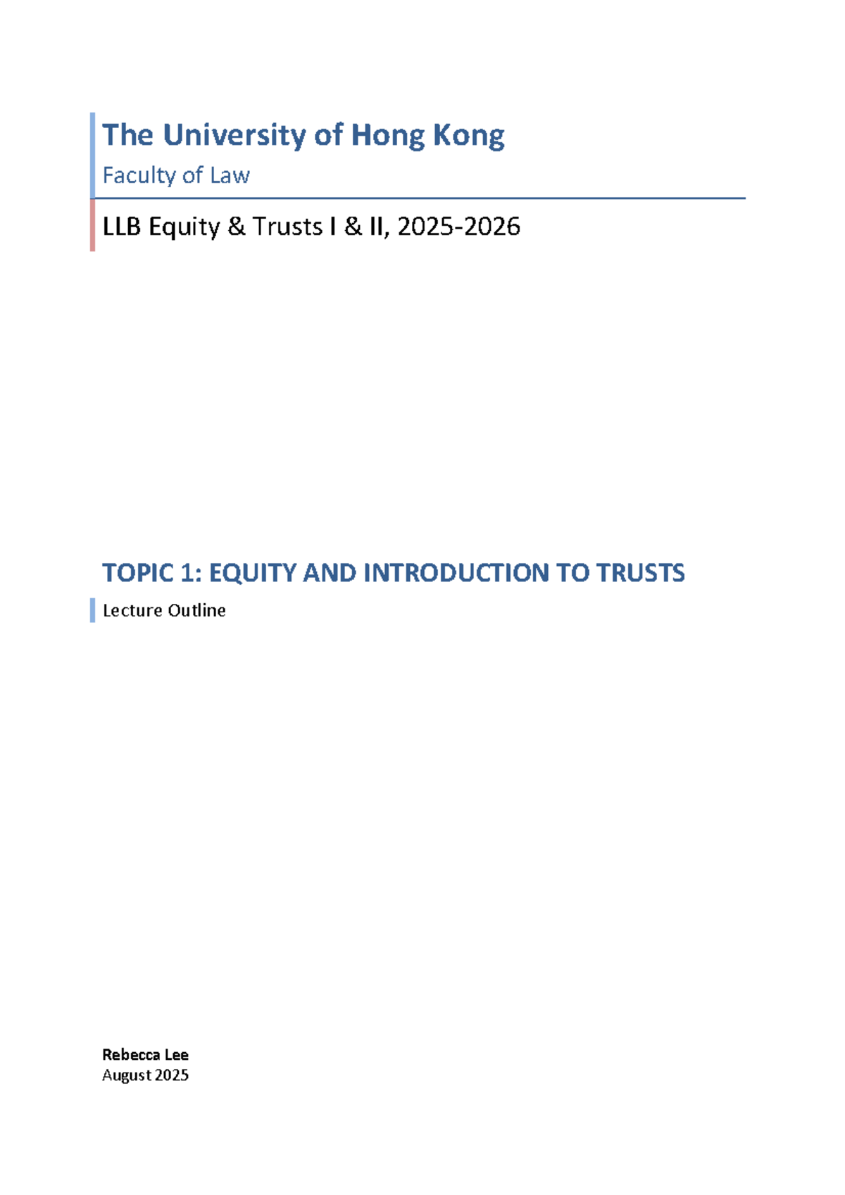 LLB Equity Trusts I II: Lecture Outline on Equity & Trusts - Topic 1 ...