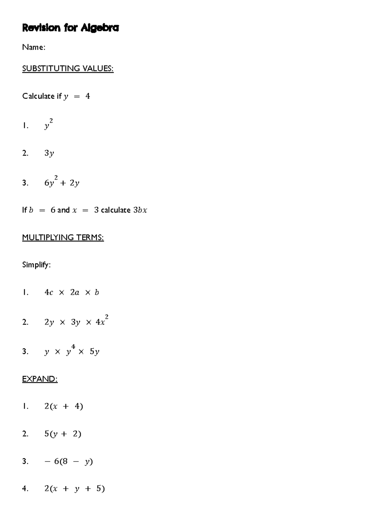 Algebra Revision Notes: Substituting, Multiplying, and Solving - Studocu