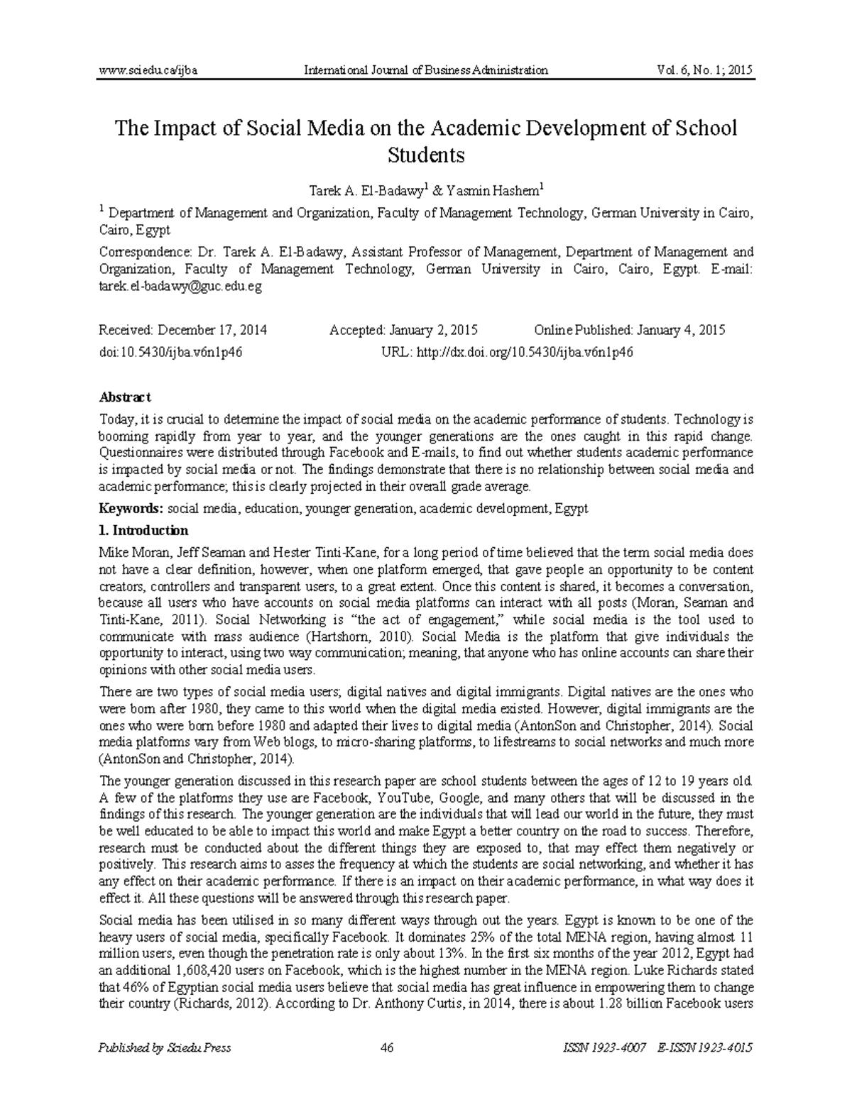The Impact of Social Media on Academic Performance of Egyptian Students ...