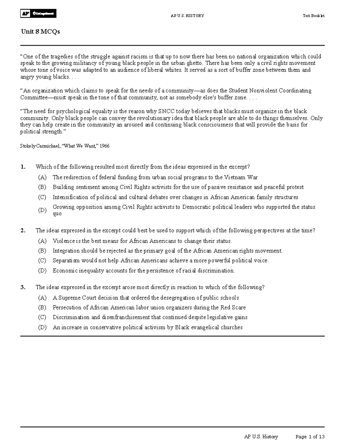 AP U.S. HISTORY Unit 8 Test Booklet: MCQs on Racism and Society - Studocu