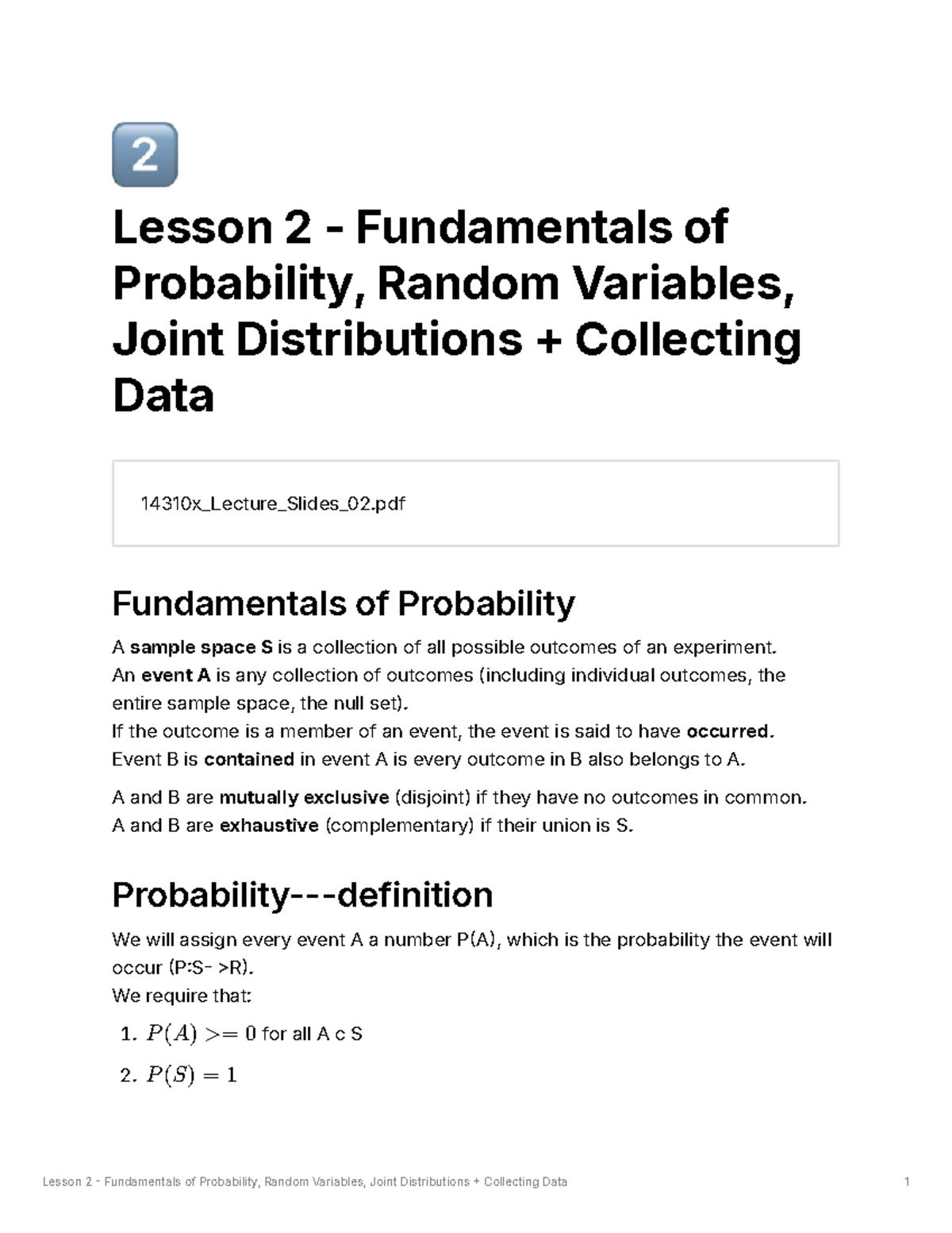 Lesson 2: Fundamentals of Probability & Random Variables 14310x_Lecture ...