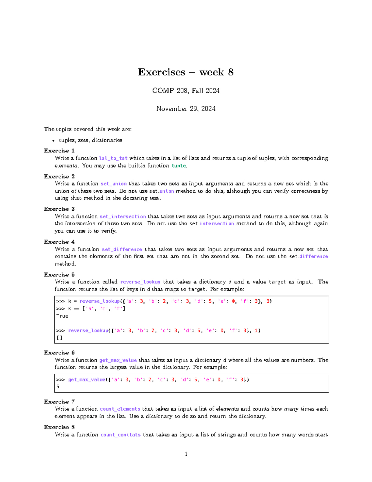 Exercises Week 8 COMP 208 - Tuples, Sets, and Dictionaries - Studocu