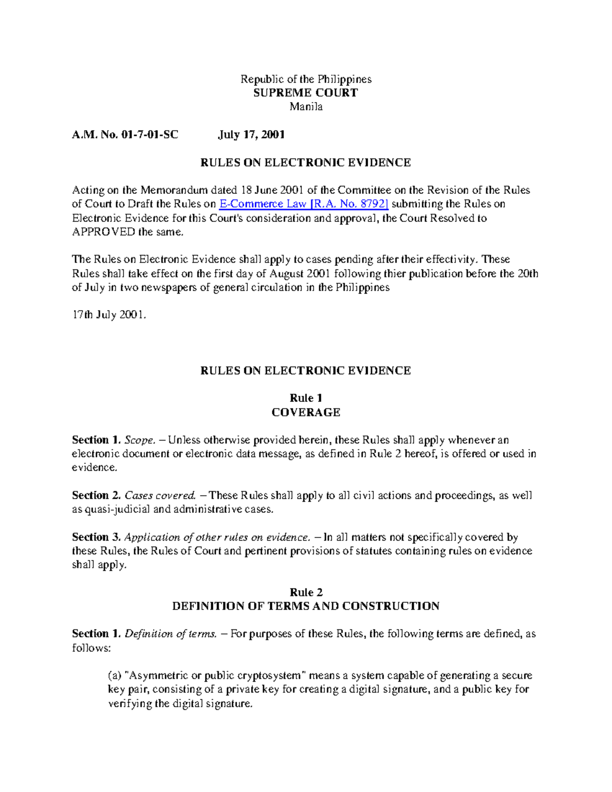 Rules on electronic evidence - Republic of the Philippines SUPREME ...