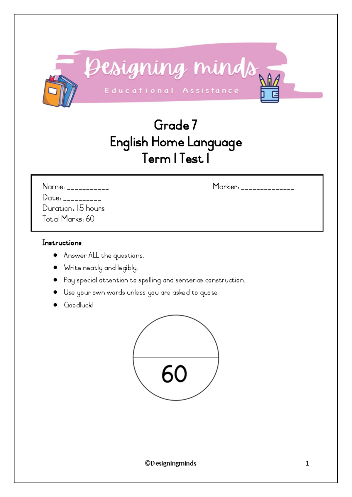 Grade 7 English HL Term 1 Test 1 & Memorandum - Studocu