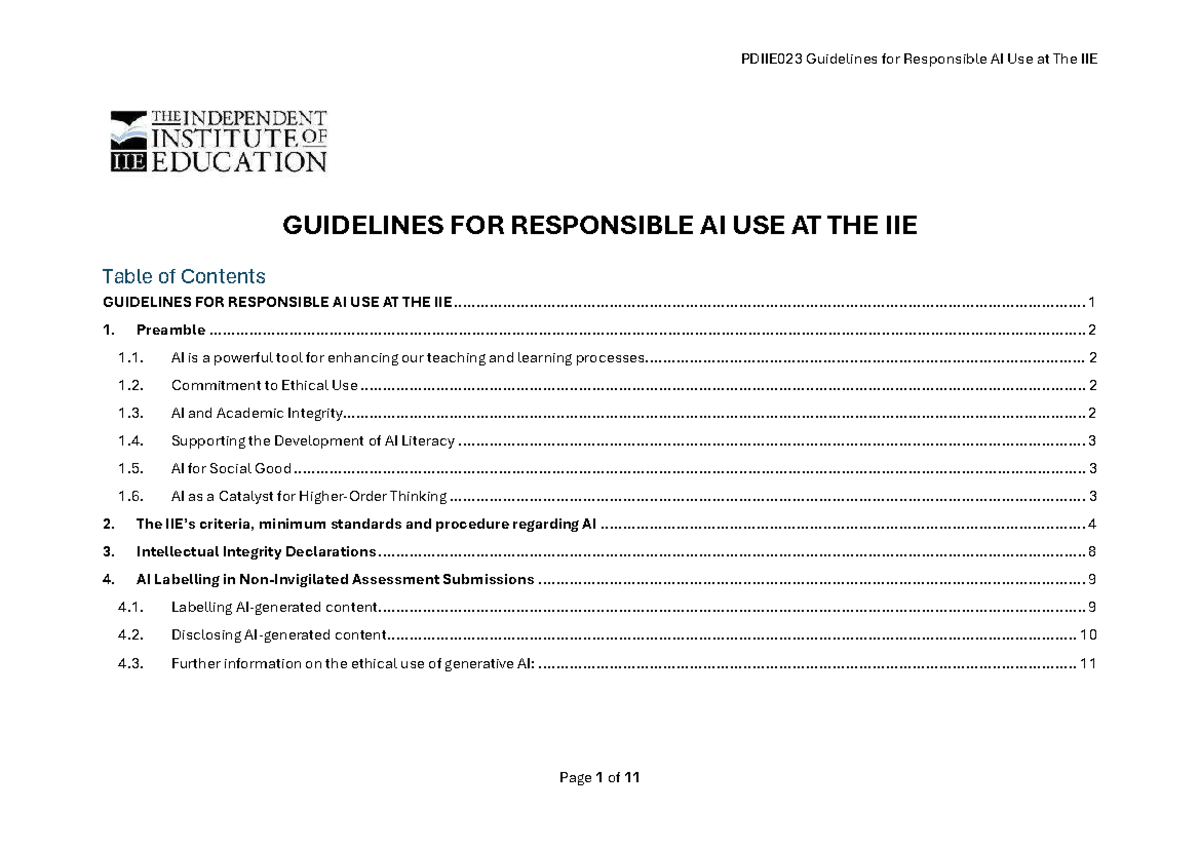 PDIIE023 Guidelines for Responsible AI Use at The IIE - Studocu