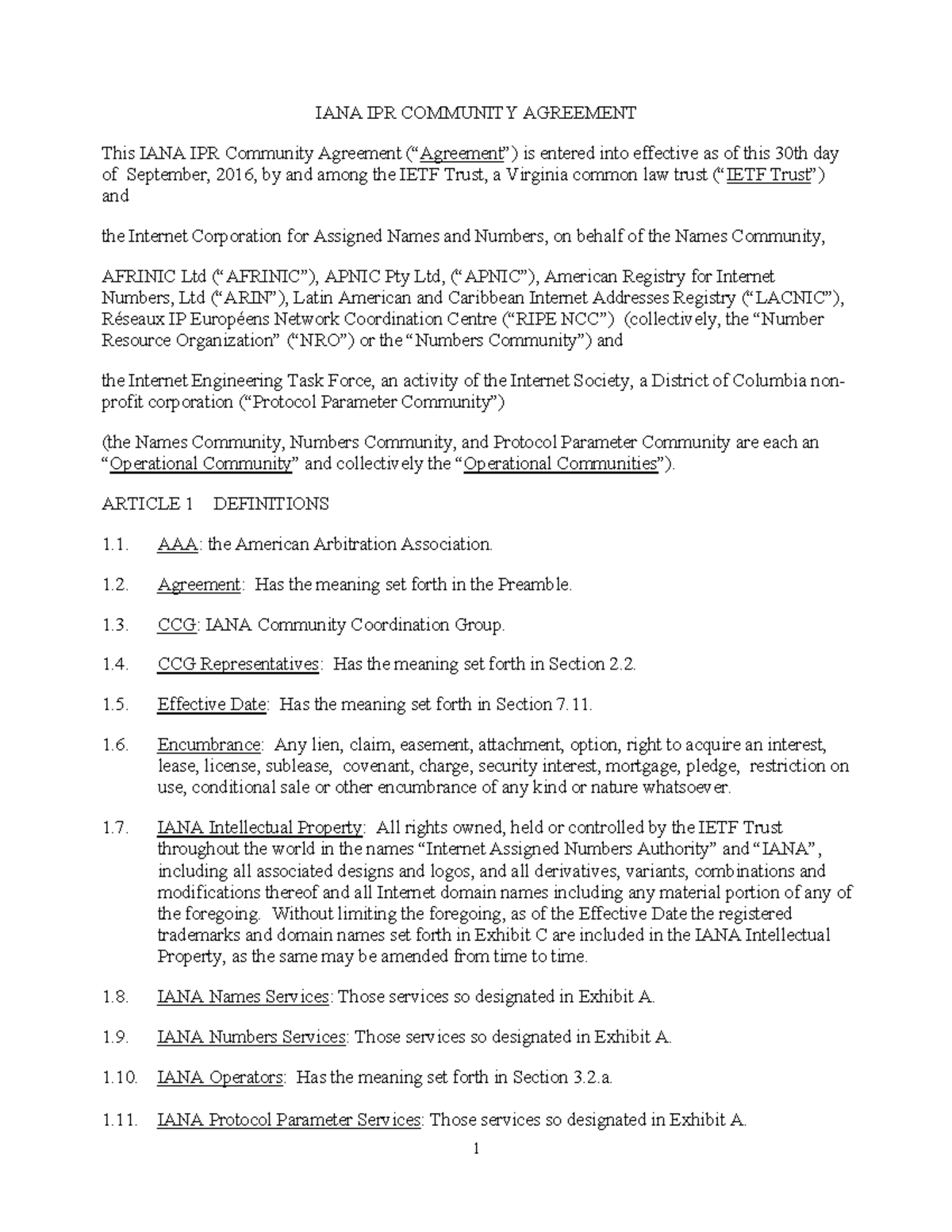 IANA Functions Contract Agreement - Overview of Services and Effective ...