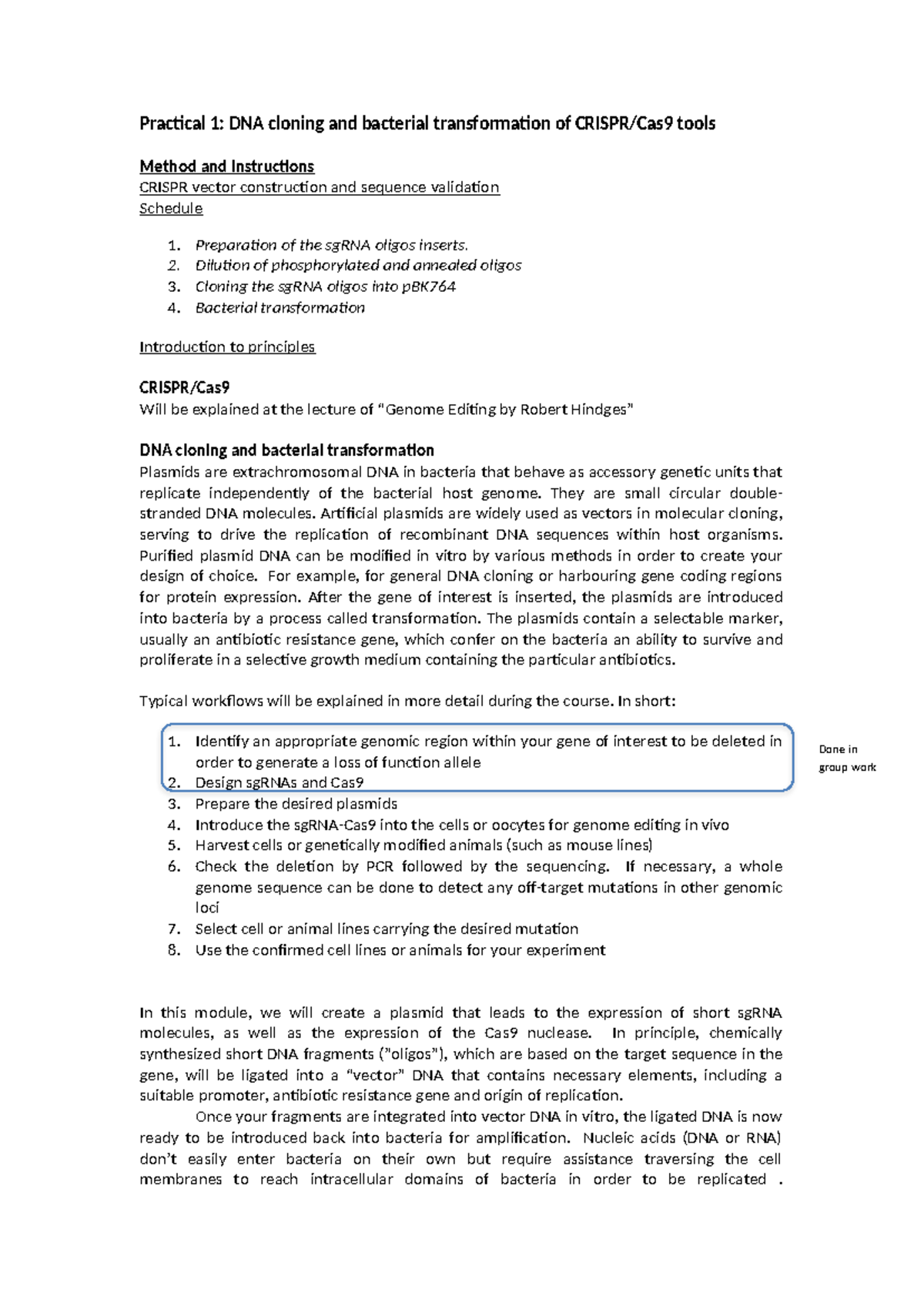 Practical 1: Cloning and Transformation of CRISPR/Cas9 Tools in E. coli ...