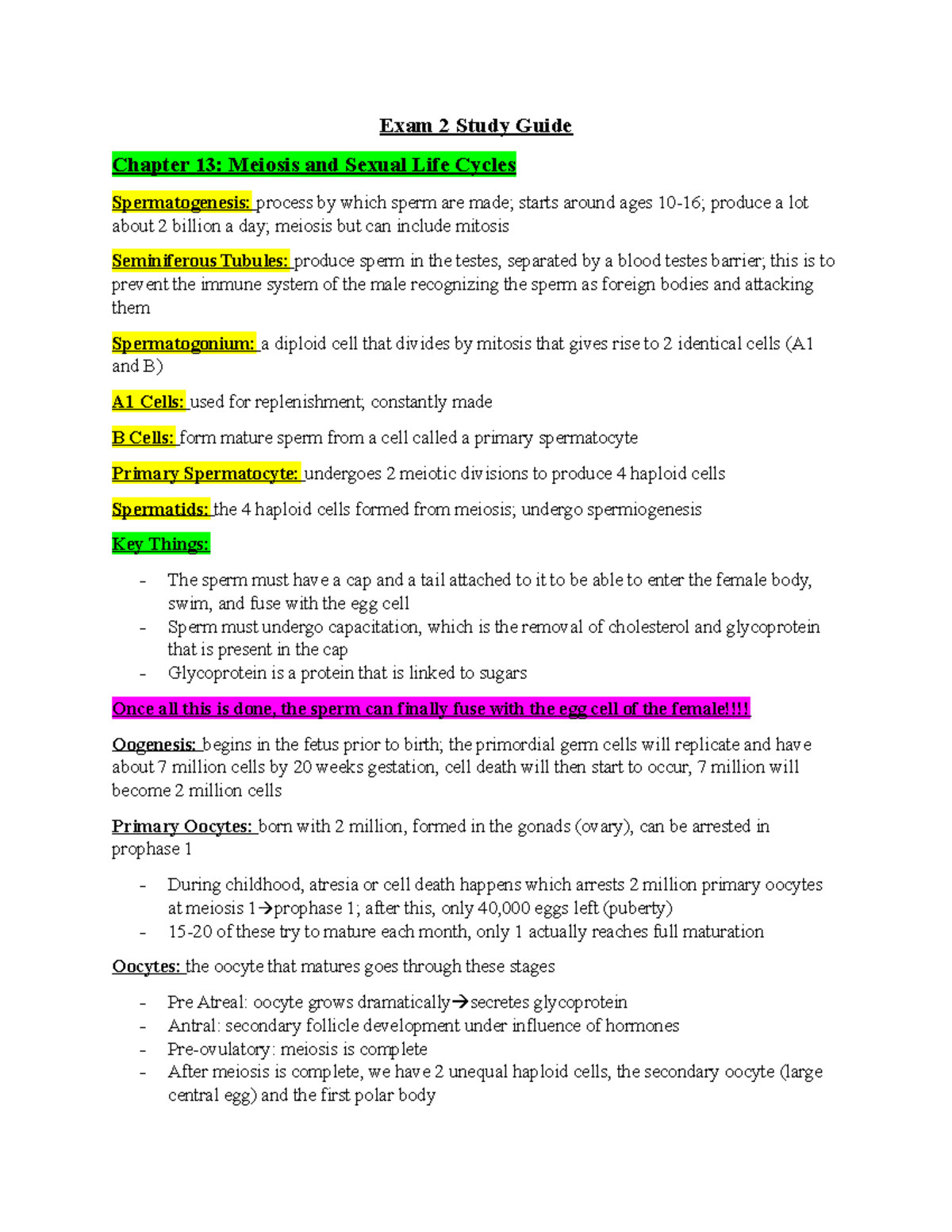 Biology 101 - Midterm 2 Exam Notes on Meiosis & Genetics - Studocu