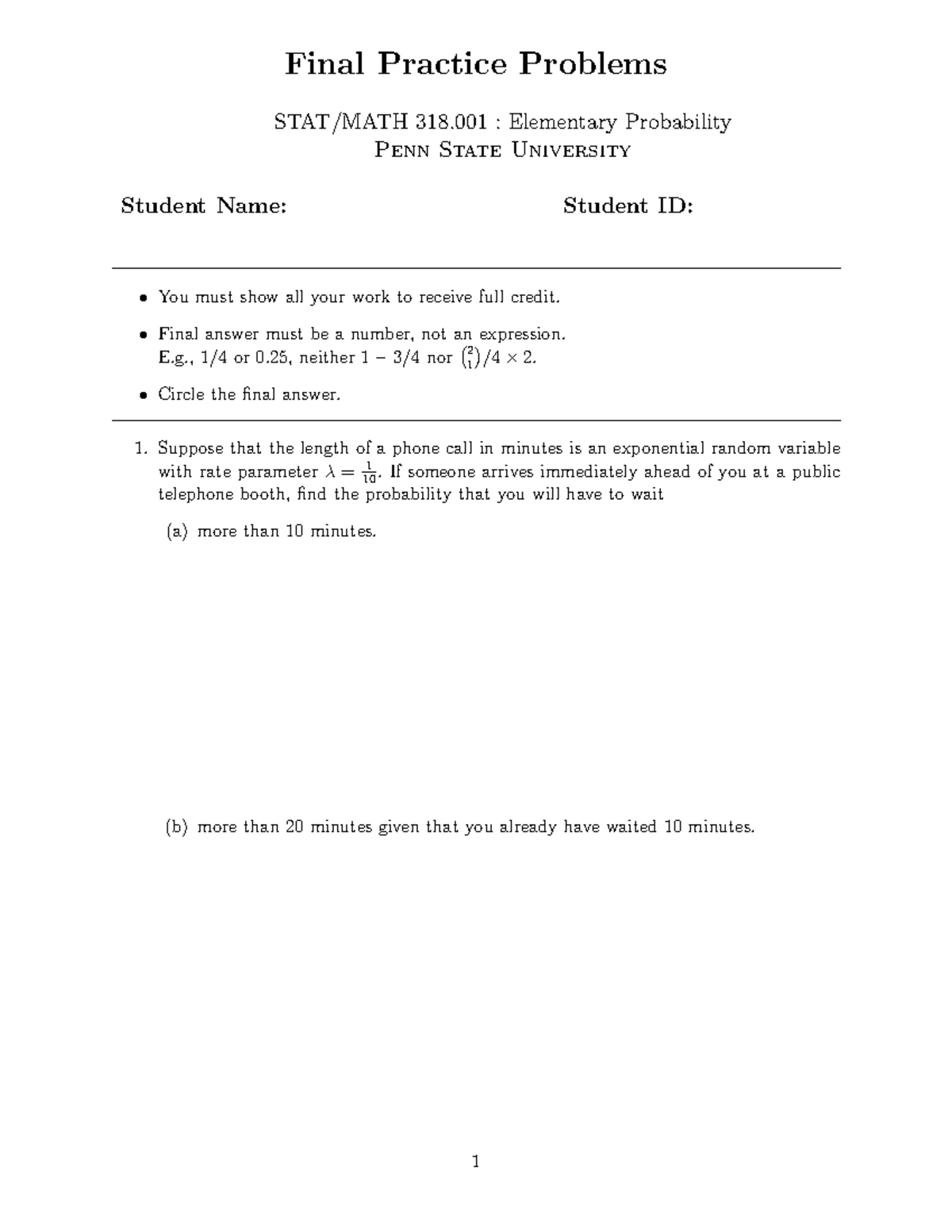 Final Exam Practice Problems for STAT/MATH 318.001 at Penn State - Studocu