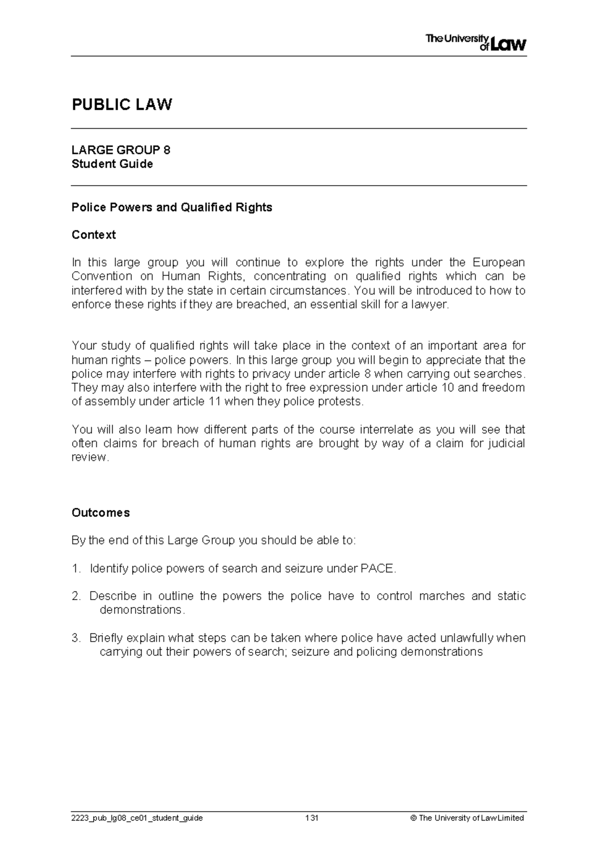 Public Law 2223 - Large Group 8 Lecture Notes on Police Powers - Studocu