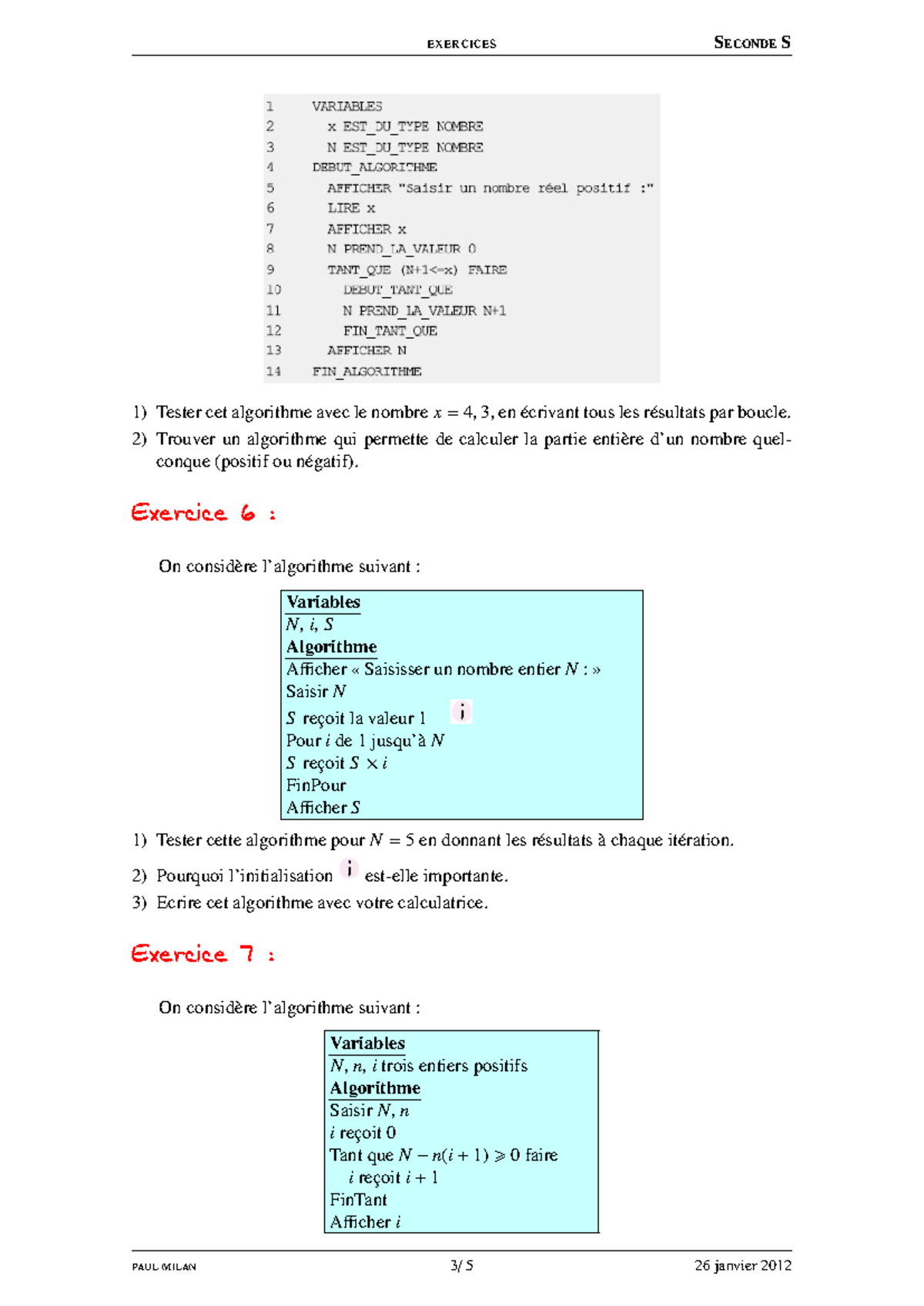 Exercices de Programmation - Seconde S - Algorithmes et Tests - Studocu