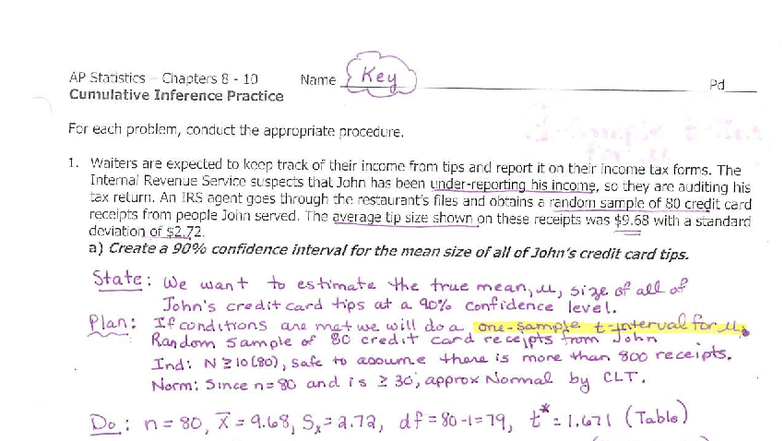 AP Statistics 4 Chapters 8-10 FRQ Practice Key - Studocu