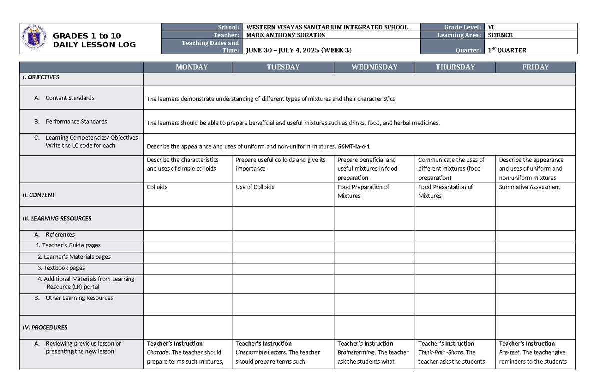 DLL Science 6 Q1 W3 - Daily Lesson Log on Mixtures and Colloids - Studocu
