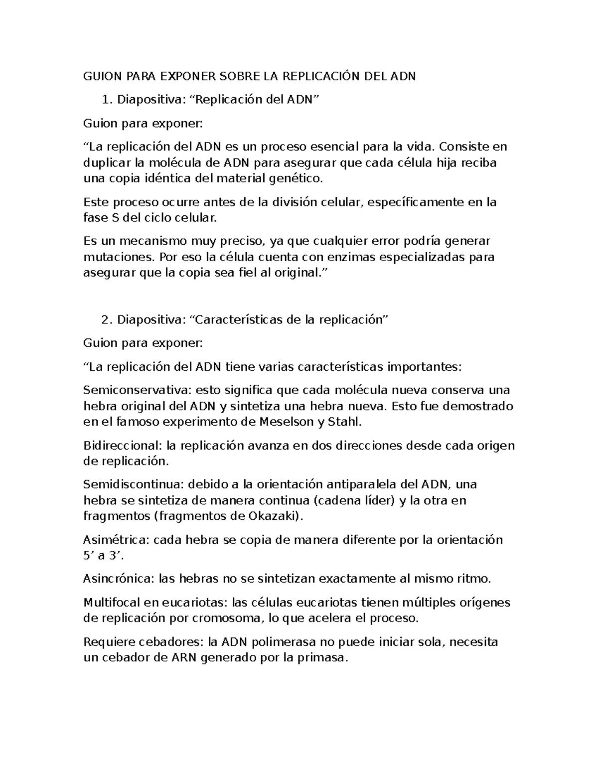 GUION PARA EXPONER: REPPLICACIÓN DEL ADN - RESUMEN Y CARACTERÍSTICAS ...