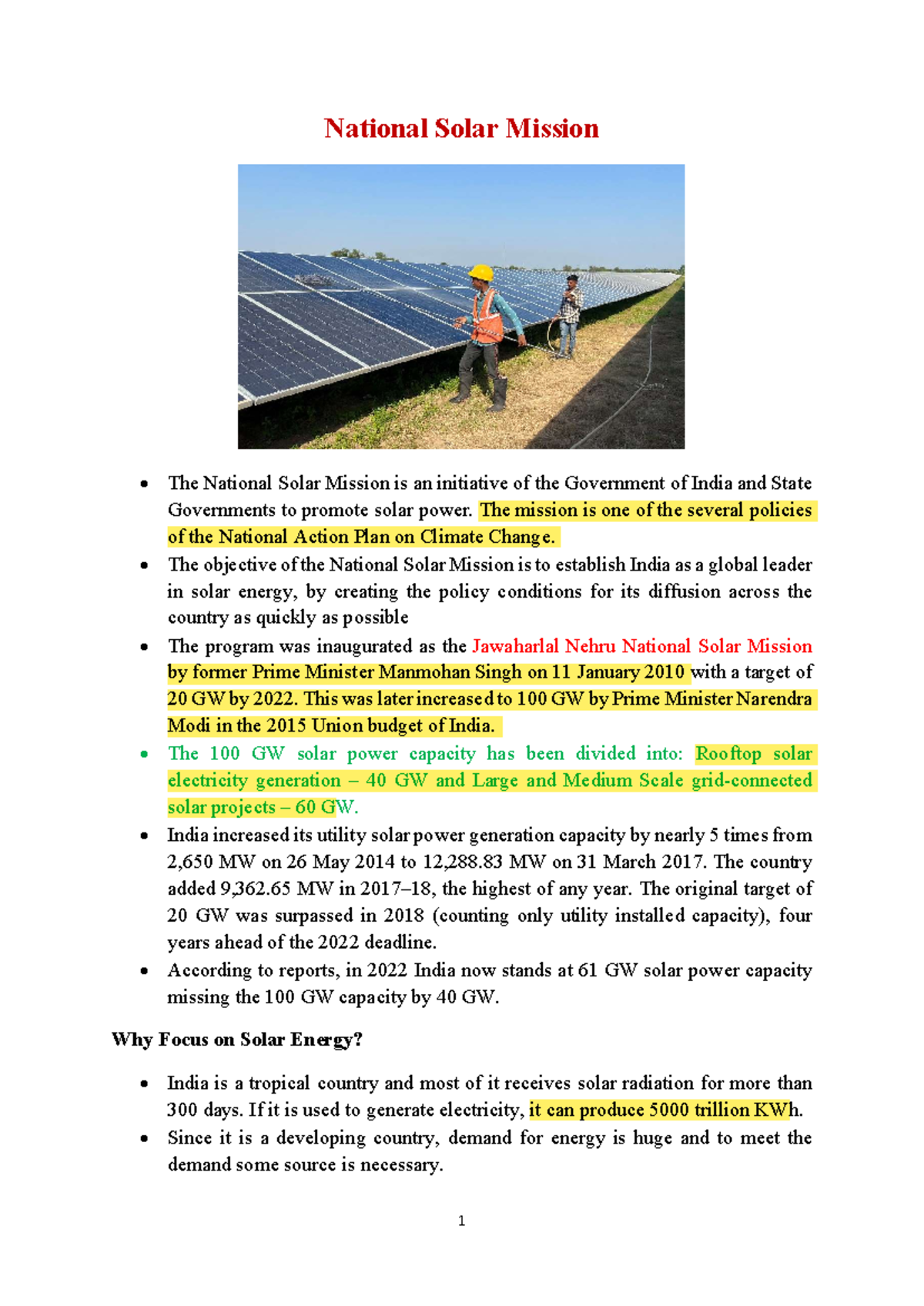 Solar Mission - Notes on India's National Solar Initiative and ...