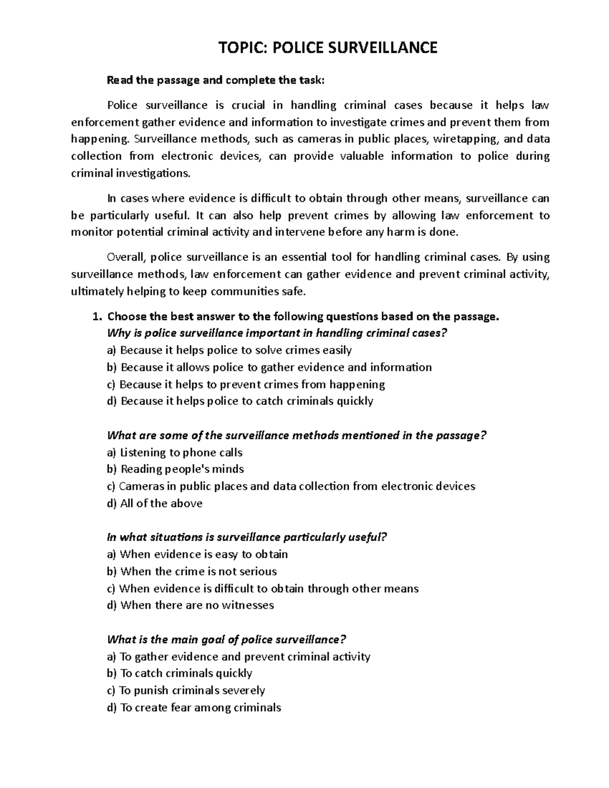 Police Surveillance 1 - TOPIC: POLICE SURVEILLANCE Read the passage and ...