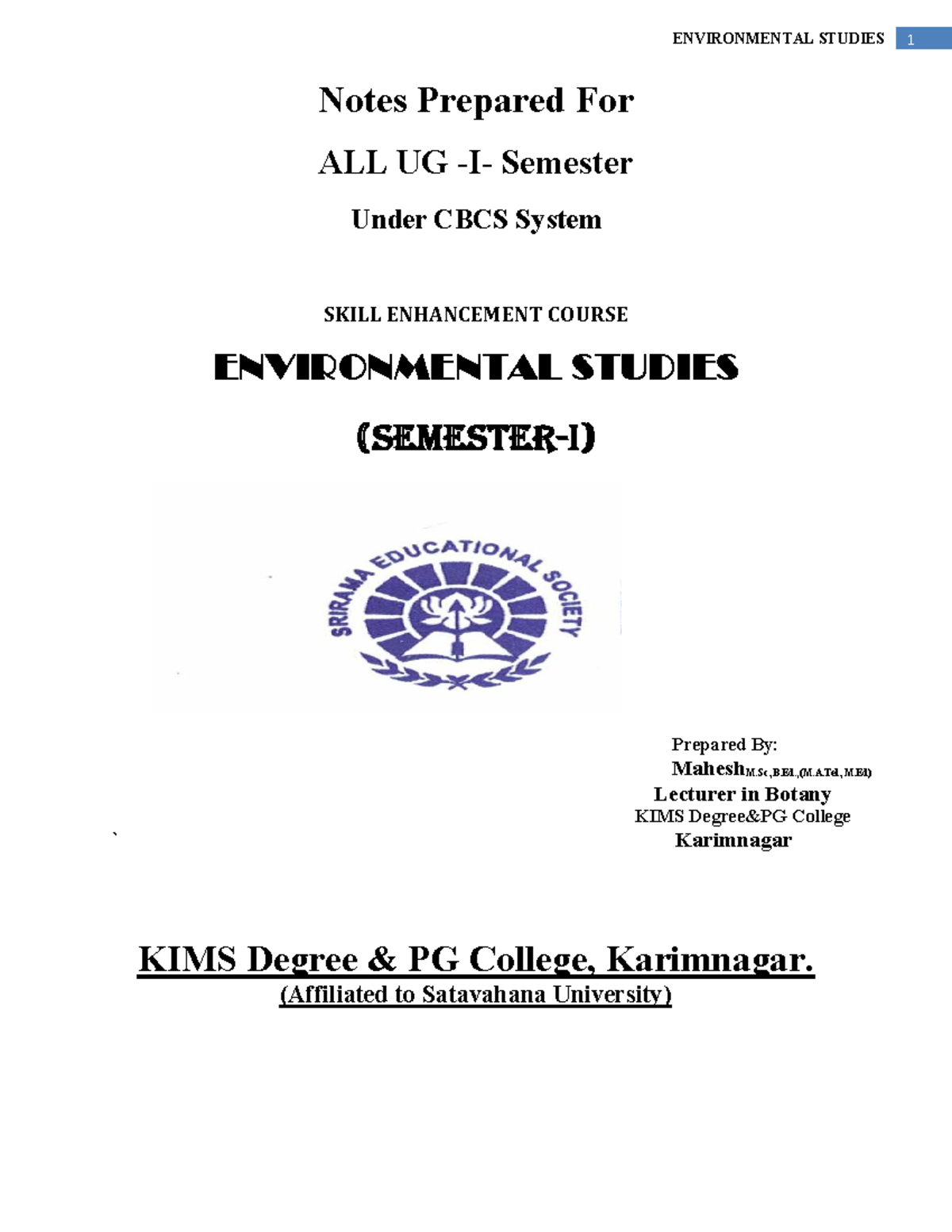 Environmental Studies Notes for UG 1st Sem - Skill Enhancement Course ...