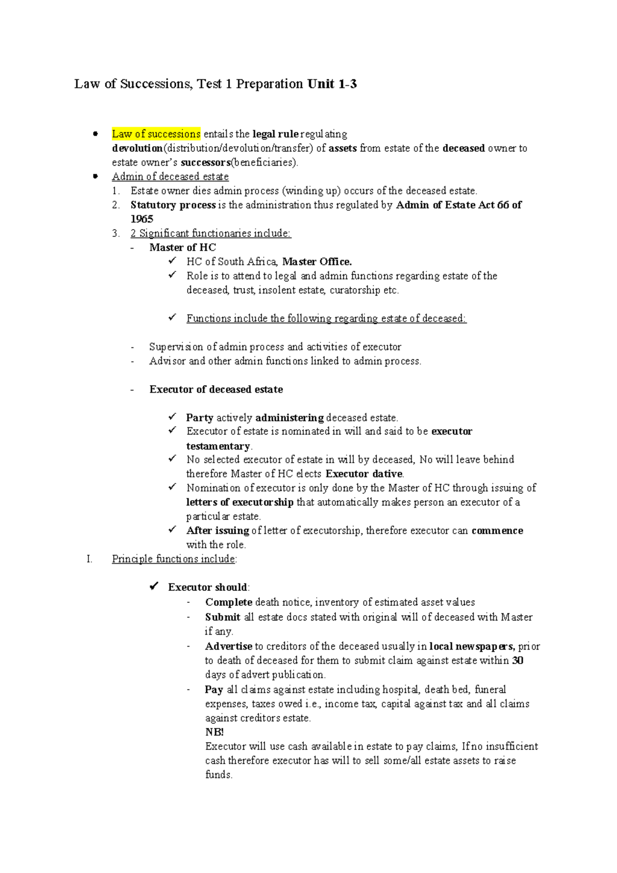 Law of Successions - PERSONAL NOTES - Law of Successions, Test 1 ...