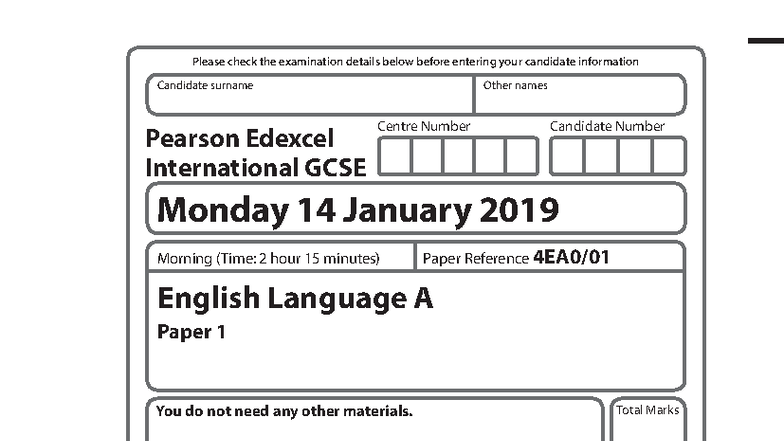 Edexcel International GCSE English Language A Paper 1 Exam Instructions ...