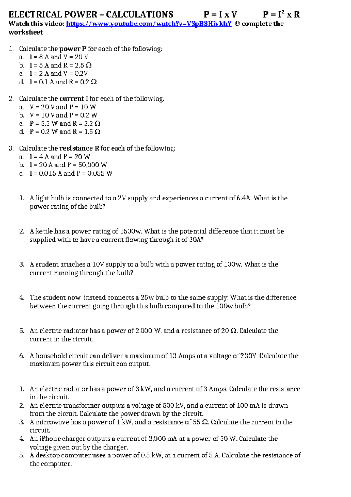 ELECTRICAL POWER CALCULATIONS - Worksheet for P I2 x R - Studocu