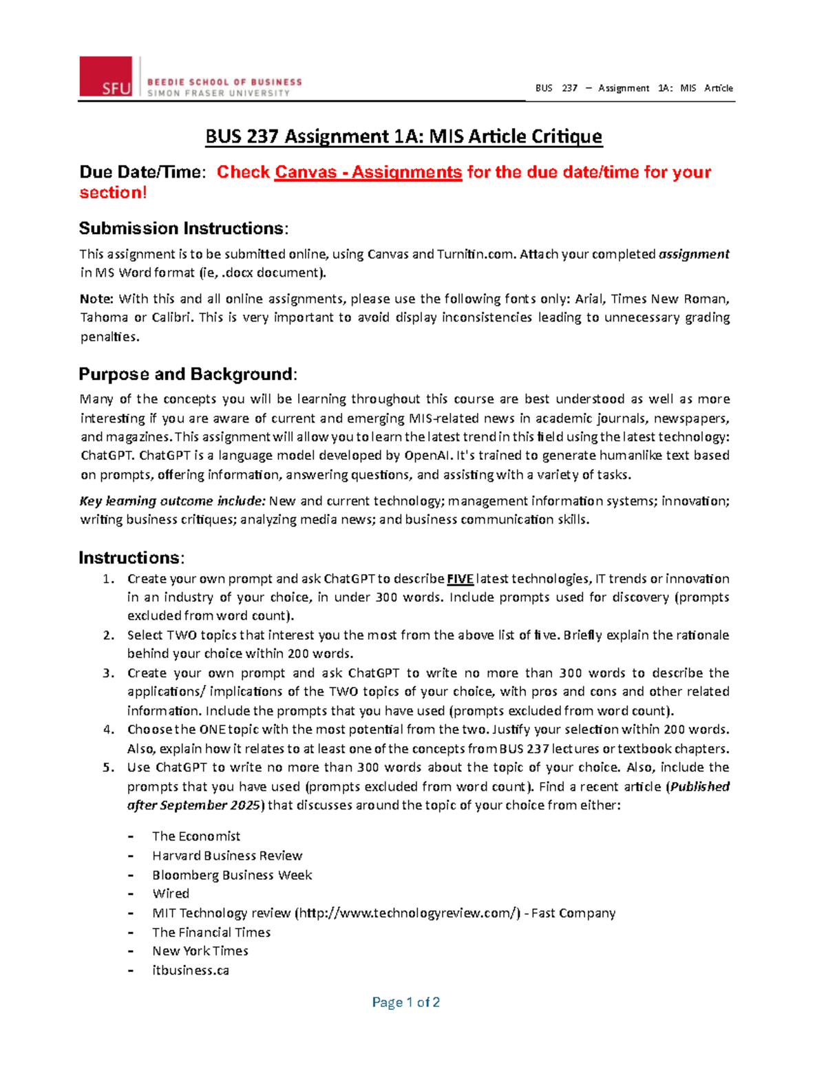 BUS 237 Assignment 1A: MIS Article Critique and Analysis - Studocu