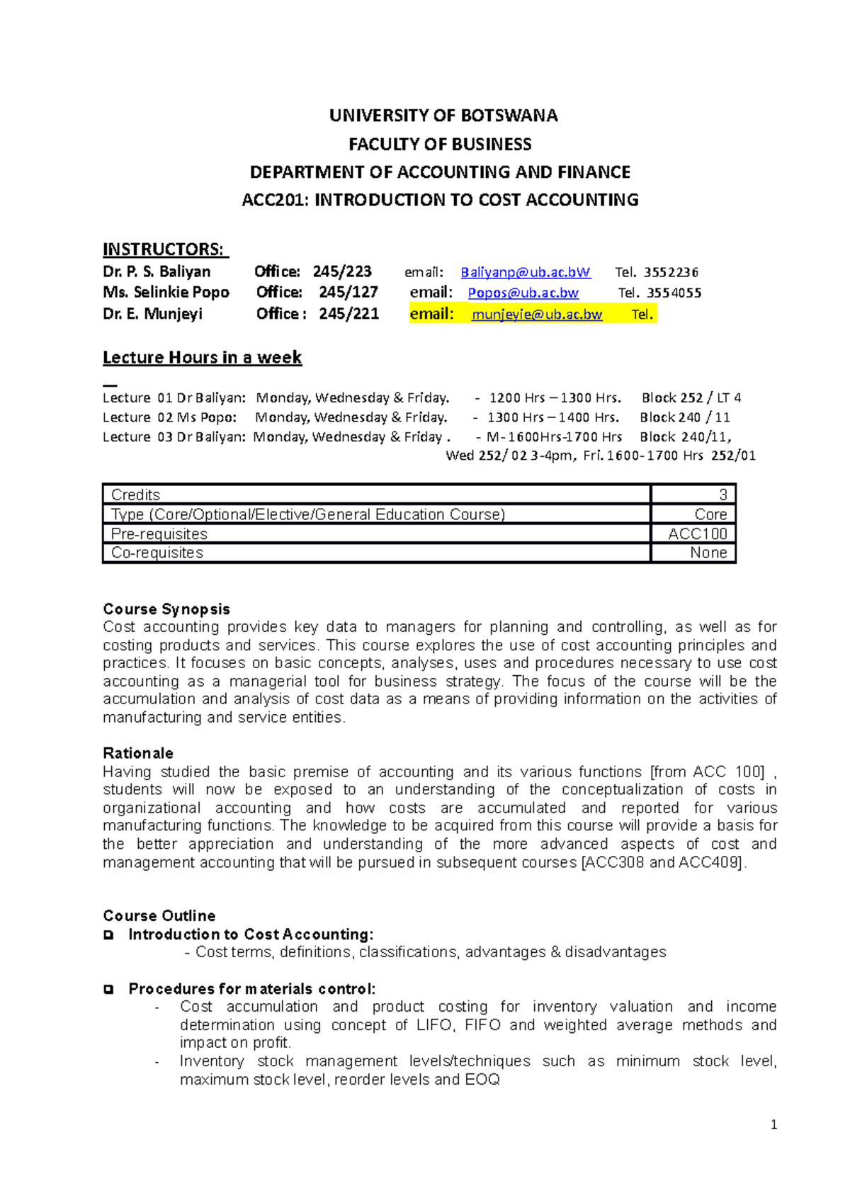 ACC201: Introduction to Cost Accounting Course Outline and Details ...