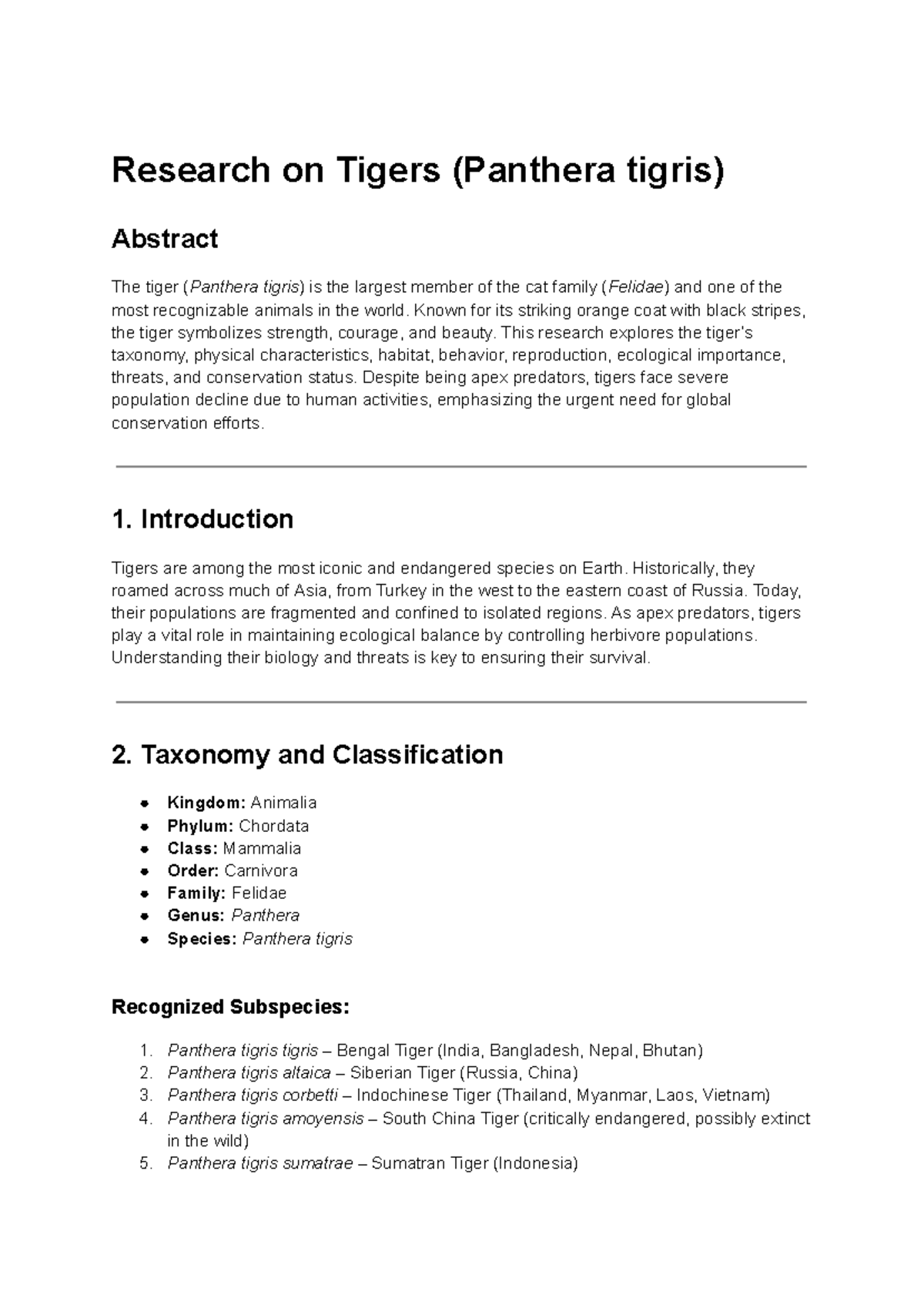 Research on Tigers (Panthera tigris): Conservation and Ecology Insights ...