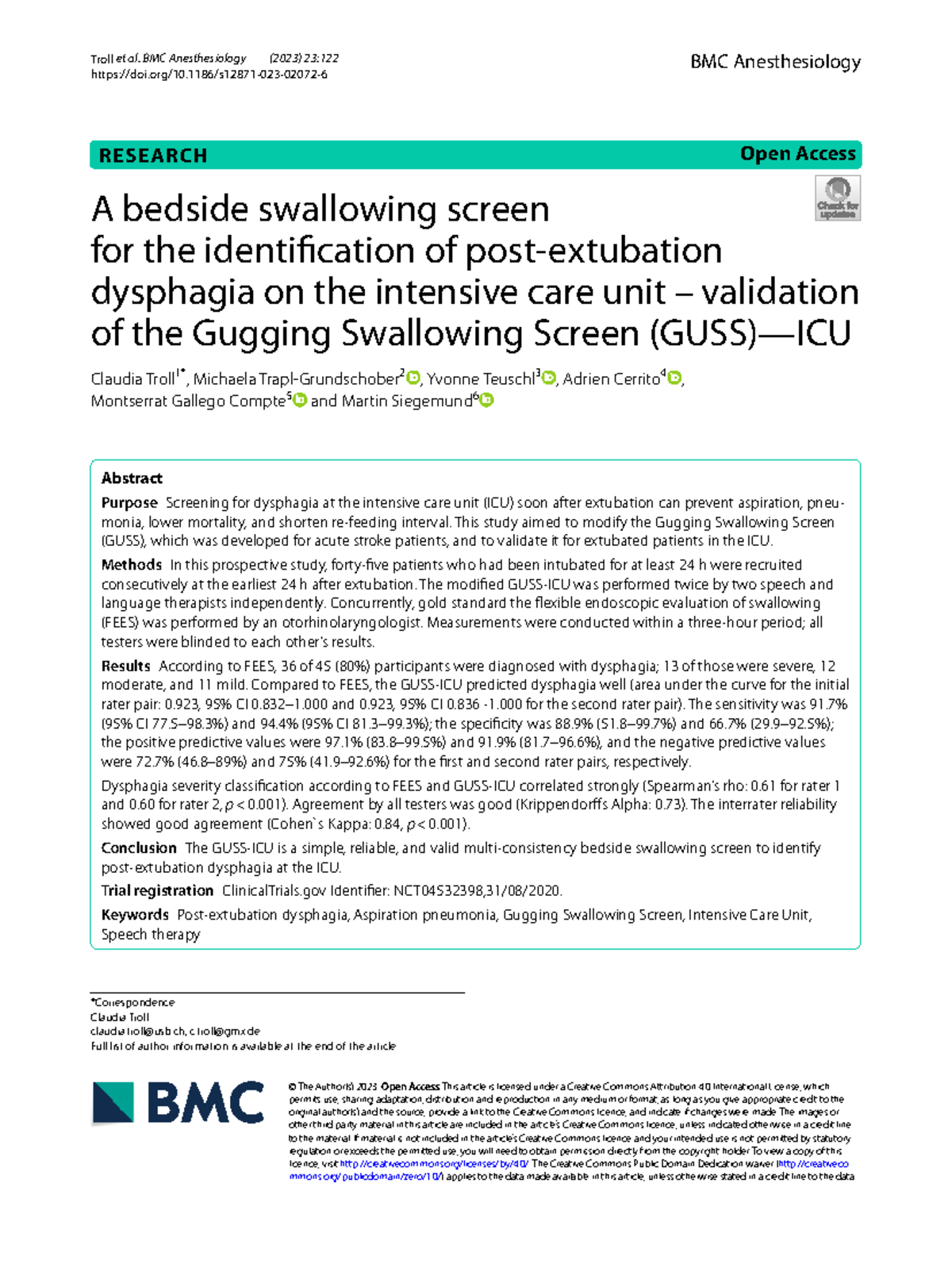 Validation of the Modified Gugging Swallowing Screen for Dysphagia in ...