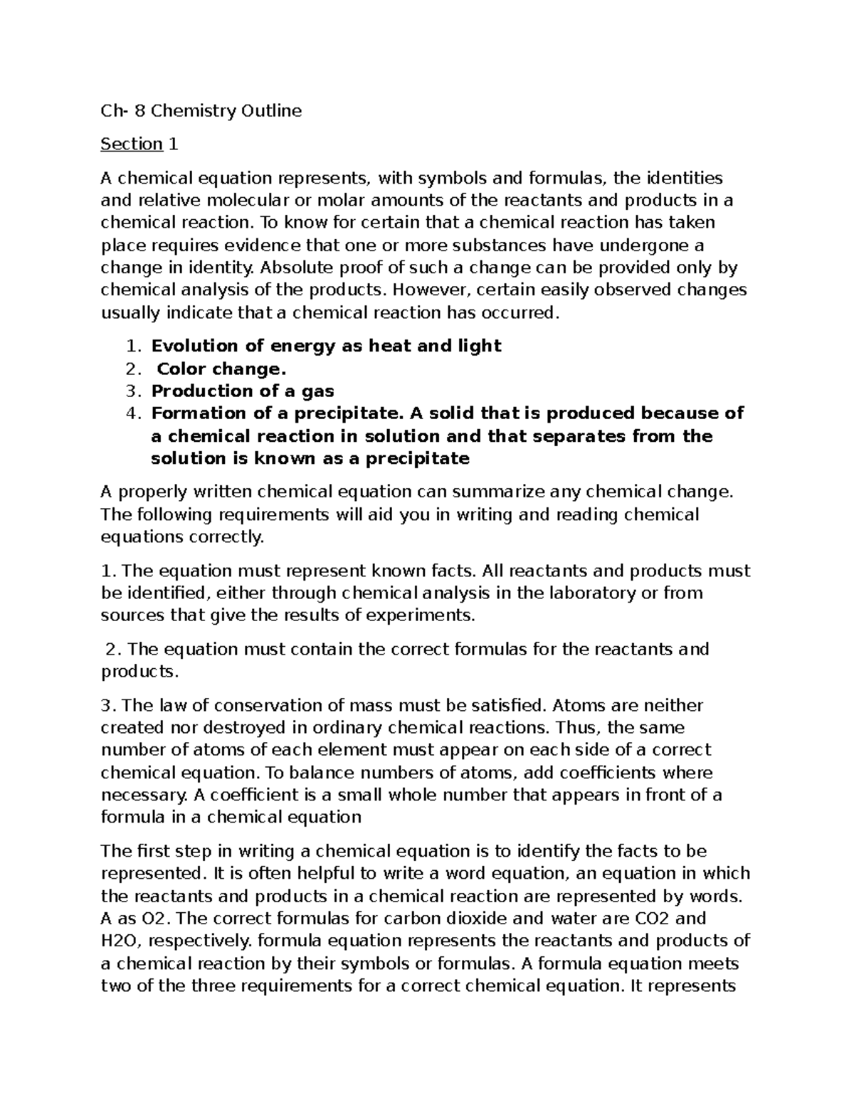 Ch 8 Chemistry Outline: Chemical Reactions & Equations - Studocu