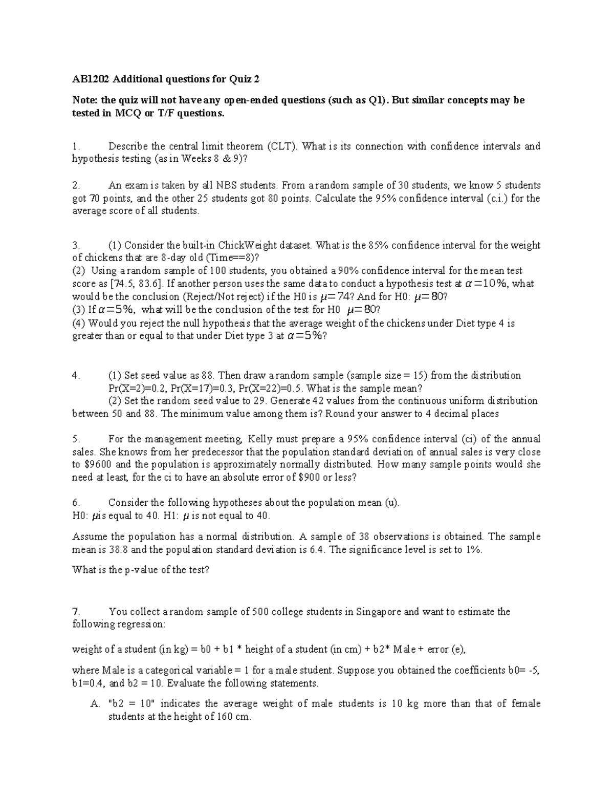AB1202 - Quiz 2: Confidence Intervals & Hypothesis Testing Practice ...