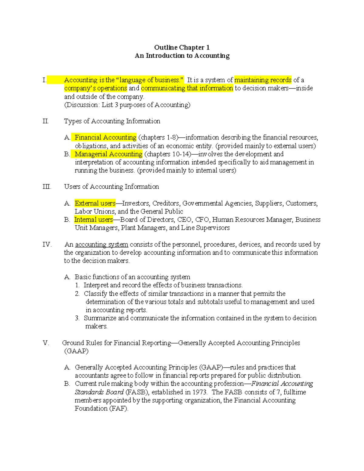 Outline of Chapter 1: Introduction to Accounting I (FM) - Studocu